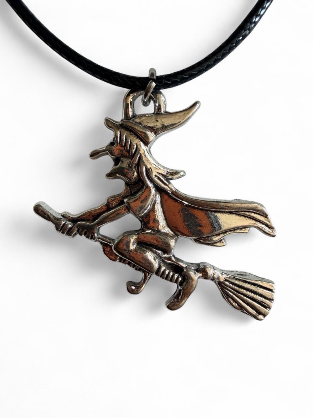 Handmade Flying Witch Cord Necklace Silver Pendant Halloween